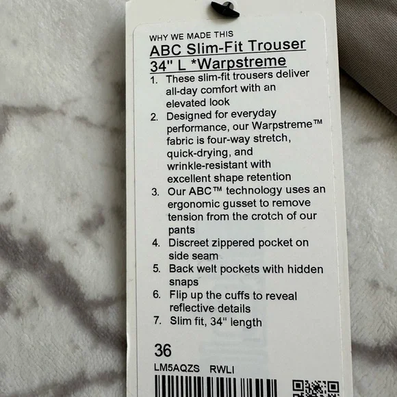 Lululemon Men's ABC Slim-Fit 5 Pocket Pant Warpstreme Grey Size 36 NEW - Picture 7 of 10